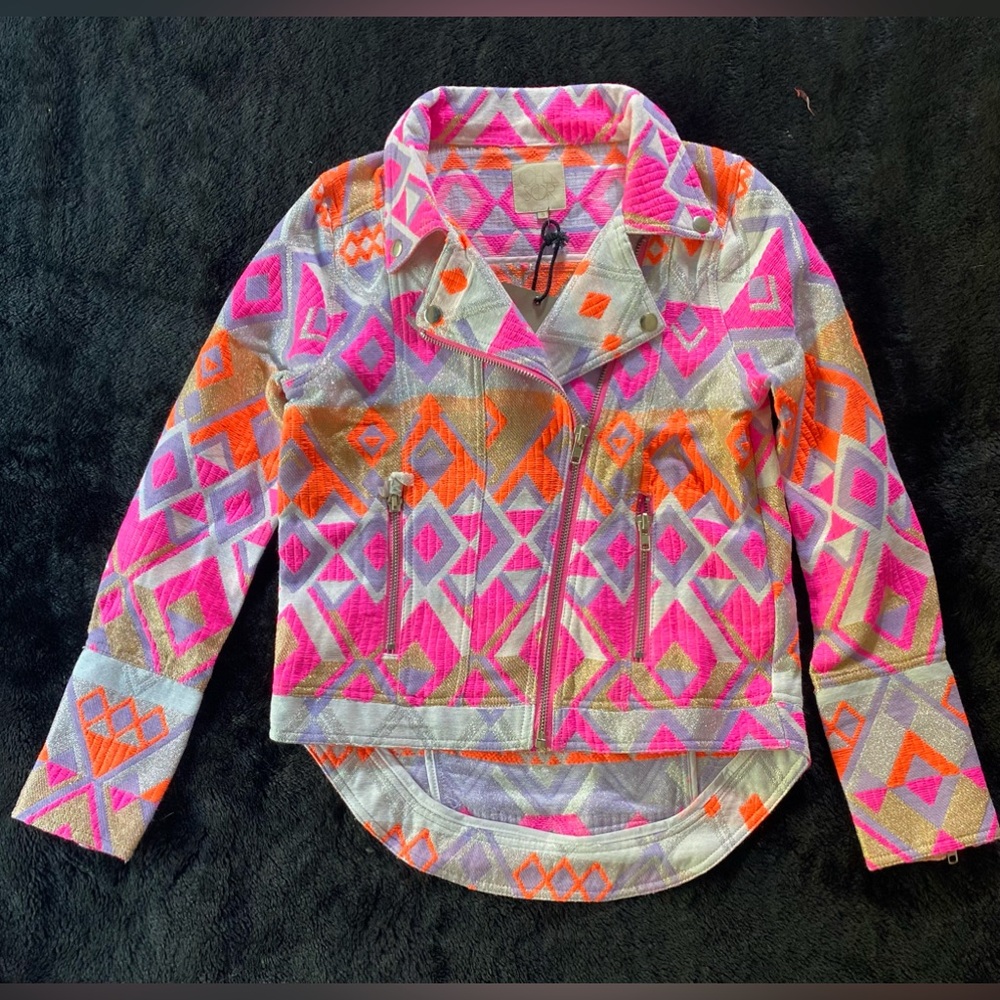 Chaser Mahlia Textured Moto Jacket Aztec Print, Metallic and Neon accents NWT